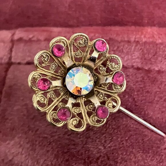 Vintage 60s Gold Tone AB Pink Rhinestone 3D Flower Stick Pin Retro Brooch 3.5” - Picture 7 of 10